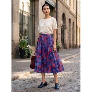 Marimekko Red Blue Leaf Print Cotton Silk Blend Pleated Midi Skirt Size S (38)